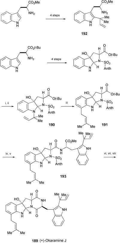 Reagents and conditions: i, HCCC(Me)2Br, CuCl, i-Pr2NEt, THF; ii, H2, Pd/Al2O3, AcOEt; iii, TFA, CH2Cl2; iv, TMSOTf, 2,6-lutidine, CH2Cl2; v, PyBop, Et3N, 192, THF; vi, Al/Hg, THF, H2O; vii, 10% KOH, MeOH, 1,4-dioxane; viii, HBTU, i-Pr2NEt, CH2Cl2.