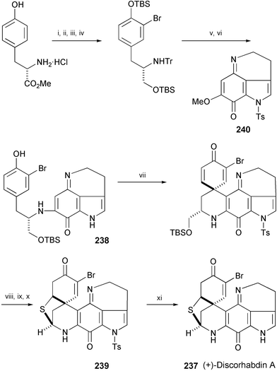 Reagents and conditions: i, TrCl, Et3N, DMF; ii, NBS, DMF; iii, DIBAL-H, CH2Cl2, −78 °C to rt; iv, TBSCl, DBU, CH2Cl2, 0 °C; v, TBAF, THF, 0 °C; vi, 0.1 N HCl, MeOH, then 240, MeOH; vii, PIFA-MK10, CF3CH2OH; viii, BF3·Et2O, CH2Cl2, 0 °C to rt; ix, Pb(OAc)4, CH2Cl2–MeOH (2 : 1), 0 °C; x, p-MeOC6H4CH2SH, 30% HBr–AcOH, −78 to 4 °C then aq. MeNH2; xi, NaOMe, THF, MeOH, 0 °C.