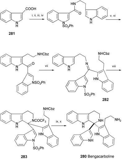 Reagents and conditions: i, n-BuLi, THF; ii, PhSO2Cl; iii, SOCl2, neat; iv, tryptamine, K2CO3, AcOEt, H2O; v, POCl3, neat; vi, CbzCl, Na2CO3; vii, tryptamine, ZnCl2, 1,4-Me2C6H4, microwaves; viii, TFAA, CH2Cl2, reflux; ix, H2, Pd/C, MeOH; x, K2CO3, MeOH, H2O.