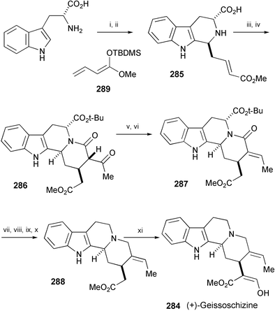 Reagents and conditions: i, HCO2H, Ac2O, HCl; ii, 289; iii, isobutylene, H2SO4; iv, diketene, DMAP, PhMe, then KOt-Bu; v, NaBH4, MeOH; vi, NaOMe, MeOH, 50 °C, then AcCl; vii, Me3OBF4, 2,6-t-Bu2Py, then NaBH4; viii, TFA, PhSMe; ix, i-BuOCOCl, NaSePh; x, n-Bu3SnH, AIBN, heat; xi, LDA, HCO2Me.
