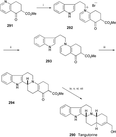 Reagents and conditions: i, tryptophyl bromide, 100 °C; ii, Na2S2O4, NaHCO3, MeOH, H2O, rt; iii, HCl, MeOH, rt; iv, NaBH4, AcOH, rt; v, MsCl, Et3N, CH2Cl2, 0 °C; vi, DBU, 100 °C; vii, LiAlH4, THF.
