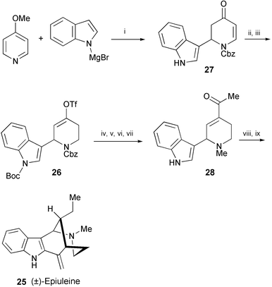 Reagents and conditions: i, CbzCl, THF; ii, Boc2O, DMAP; iii, l-Selectride, N-(5-chloro-2-pyridyl)triflimide, 0 °C; iv, n-butyl vinyl ether, Pd(OAc)2, dppf, THF, 40 °C; v, 1,4-cyclohexadiene, Pd/C; vi, CH2O, NaBH3CN; vii, TFA; viii, EtMgBr, CuCl, 0 °C; ix, p-TsOH, 40 °C.