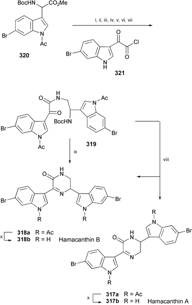 Reagents and conditions: i, 10% LiOH, THF–MeOH (1 : 1), rt; ii, i-BuOCOCl, N-methylmorpholine, DME, −15 °C, then NaBH4, rt; iii, TsCl, DMAP, Et3N, CH2Cl2, −20 °C; iv, NaN3, DMF, 80 °C; v, PPh3, H2O, THF, reflux, then 321, Et3N, THF, 0 °C to rt; vi, 10% KOH, EtOH, reflux; vii, Ac2O, DMAP, Na2CO3, THF, rt; viii, HCO2H, CH2Cl2, rt, then ClCH2CH2Cl, pH 4, reflux; ix, HCO2H, CH2Cl2, rt, then EtOH, pH 4, reflux; x, NH4OH, THF, MeOH.