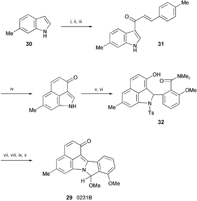 Reagents and conditions: i, trimethylacetyl chloride, DMAP, Et3N, CH2Cl2; ii, trans-p-methylcinnamoyl chloride, AlCl3, CH2Cl2; iii, 1 N NaOH, MeOH; iv, AlCl3, CHCl2CHCl2, 80 °C; v, TsCl, pyridine; vi, N,N-dimethyl-O-methylsalicylamide, s-BuLi, TMEDA, THF; vii, O2, KOH, CuCl, MeOH; viii, PhMe, reflux; ix, LiAlH4, THF, −40 °C; x, CSA, MeOH, reflux.