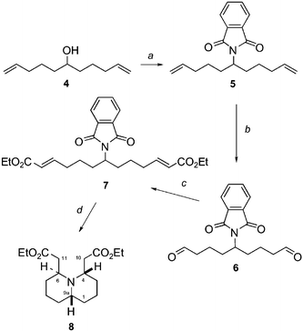 (a) Phthalimide, PPh3, DIAD, THF (97%); (b) Method A: OsO4, NaIO4, Method B: RuCl3, NaIO4, Method C: (1) O3, CH2Cl2, −78 °C, (2) Me2S, PPh3, rt; (c) Et2O(O)PCH2CO2Et, NaH, THF (over 2 steps Method A: 75%, Method B: 71%, Method C: 45%); (d)
						(1) NaBH4
						(1.4 eq.), i-PrOH/H2O (6.2:1), (2) AcOH glac. (71%).