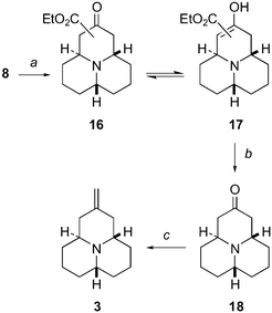 (a) Method A: tBuOK, Li, benzene, azeotropic removal of EtOH (84%), Method B: LDA, THF, −78 °C (48%); (b)
						(1) HClg, Et2O, (2) LiCl, wet DMF, reflux (66%); (c) CH3PPh3Br, nBuLi, THF (87%).