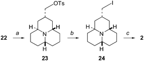 (a) Method A: TsCl, Et3N, Me3N·HCl, CH2Cl2
						(25%), Method B: (1)
						nBuLi, THF, (2) TsCl, THF (95%); (b) NaI, 2-butanone (usually not isolated); (c)
						(1) Zn activated, AcOH glac., (2) filtration, evaporation, (3) K2CO3, benzene (83%).