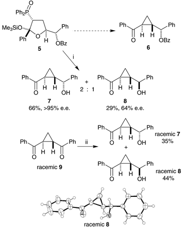 Reagents and conditions: i, tBuOK, tBuOH; ii, NaBH4, MeOH. The X-ray crystal structure of racemic 8 is also shown.