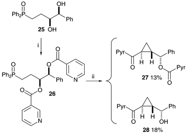 Reagents and conditions: i, 3-Pyr-COCl, DMAP, Et3N, CH2Cl2, 84%; ii, LDA, THF, −78 °C to 0 °C.