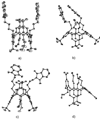 Molecular conformation of four calix[4]arenes: (a)
						27
						(1,3-alt, n = 3); (b)
						27
						(cone, n = 3); (c)
						27
						(1,3-alt, n = 4); (d)
						11
						(paco).