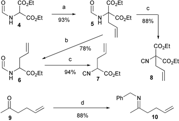 
            Reagents and conditions: a) NaH, allyl-Br, r.t. b) 1. NaOH, EtOH; 2. Dioxane, reflux. c) POCl3, Et3N, −30 °C. d) BnNH2, benzene, Dean–Stark.