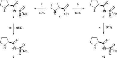 Reagents and conditions: [a] methanesulfonamide, EDCI, DMAP, CH2Cl2, rt, 48 h; [b] benzenesulfonamide, EDCI, DMAP, CH2Cl2, rt, 48 h; [c] 10% Pd/C, H2, MeOH, rt, 20 h. DMAP = 4-dimethylaminopyridine.