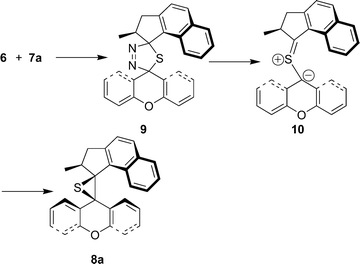 Reaction of diazo compound 6 and thioketone 7a to form episulfide 8avia the intermediacy of thiadiazoline 9 and thiocarbonyl ylide 10.