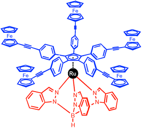 Structure of the active part of a single-molecular motor. The lower ligand is the stator (in red) and the upper ligand is the rotor with five ferrocene-terminated arms (in blue). The ruthenium plays the role of joint between the two ligands.
