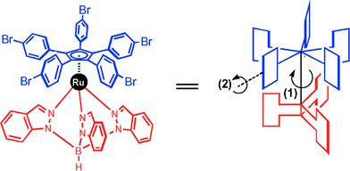 Rotation of the upper Cp ligand (action 1) results in the paddles tipping over (action 2).