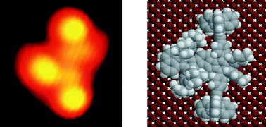 Experimental STM image of the molecular wheelbarrow on Cu(100) (left) and the molecular conformation corresponding to the calculated image (right).