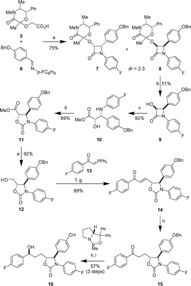 Reagents and conditions: a) triphosgene, Et3N, CH2Cl2, 0 °C to 23 °C. b) CSA, THF–H2O, reflux. c) NaOMe, MeOH. d) Triphosgene, iPr2NEt, DMAP, CH2Cl2, −78 °C to 23 °C. e) NaBH4, EtOH. f)
					(COCl)2, DMSO, Et3N, CH2Cl2, −78 °C. g)
					13. h) H2, Pd/C, EtOH. i)
					(R)-CBS catalyst, BH3·SMe2, CH2Cl2, −20 °C to 0 °C.