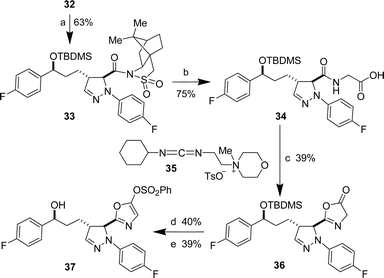 Reagents and conditions: a)
					(p-FC6H4)3Bi, Cu(OAc)2, Et3N, CH2Cl2. b) Glycine, KCN, MeOH, 50 °C. c)
					35, CH2Cl2, reflux. d) PhSO2Cl, Et3N, CH2Cl2. e) HF·pyr, pyr, THF.