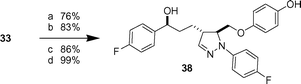 Reagents and conditions: a) LiAlH4, THF, −78 °C. b) TsCl, DMAP. Et3N, CH2Cl2. c) Hydroquinone, Cs2CO3, DMF, 80 °C. d) HF·pyr, pyr, THF.