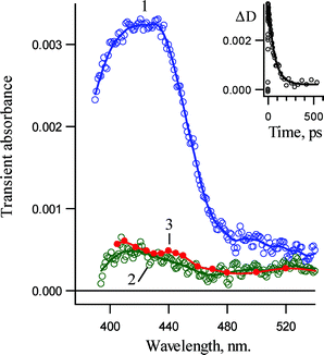 Transient absorption spectra detected in pump–probe experiments (265 nm, 220 fs) upon excitation of 3,5-dichloro-2-azido-biphenyl (1b) in methanol at ambient temperature: (1) 15 ps and (2) 500 ps after pump pulse. Curve 3 is the spectrum detected 20 ns after the laser pulse (266 nm, 5 ns) in acetonitrile recorded by convention LFP. Insert: Kinetics detected at 420 nm.