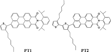 Molecular structure of the mono-thiophenylperyleneimide PT1 (left) and bis-thiophenylperyleneimide PT2 (right).