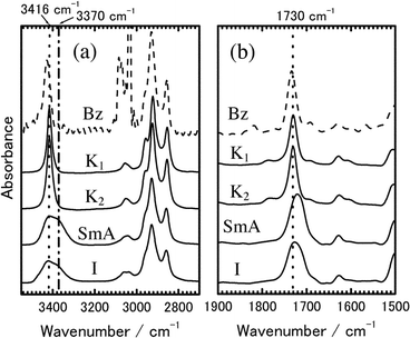 Transmission IR spectra of 8PCzC. (a) N–H and (b) CO stretching vibrations. K1, K2, SmA, and I phases were measured at 22, 135, 194, and 240 °C, respectively. The dotted line shows the spectrum of 8PCzC in benzene solution (1 × 10−3 M) for comparison.