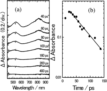 (a) Transient absorption spectra of 8PCzC-TNF in THF solution, excited with a picosecond 532 nm laser pulse. (b) Time profile of transient absorbance monitored at 560 nm. The solid line is a single exponential decay profile with a rate constant of 2.3 × 1010 s−1.