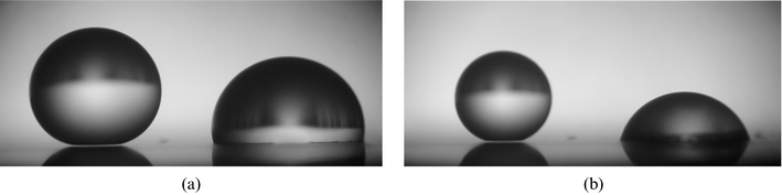 Millimetric water drops (of the same volume) deposited on a superhydrophobic substrate consisting of dilute pillars (ϕs
						= 0.01). (a) The right drop has been pressed, which induced a Wenzel state, characterized by a smaller angle (the roughness is very low, and equal to 1.1). The light passes below the left drop, indicating a Cassie state. (b) Ten minutes later, the drop volumes have decreased, owing to evaporation, and angles became receding ones. The difference of hysteresis between both states is clearly visible: the Wenzel drop even became hydrophilic!