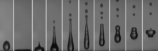 Millimetric water drop bouncing off a superhydrophobic material. The impact velocity is around 1 m s−1, which makes the kinetic energy about 20 times larger than the surface energy: hence, the strong deformations at impact. (Courtesy of Denis Richard and Christophe Clanet.)