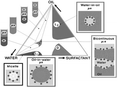 Typical ternary phase diagram based on oil, surfactant, and water.