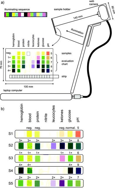 (a) Scheme of a computer screen photo-assisted platform, showing the sample holder and the considered test and corresponding evaluation chart. The 15 color illuminating sequence used is indicated in the upper part of the figure. (b) Five tested samples covering most ranges of the different indicators.