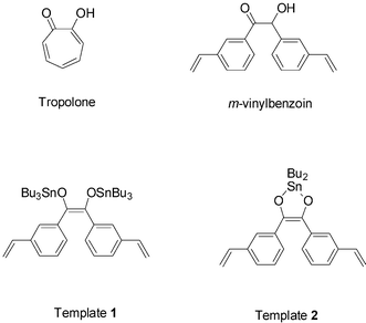 Chemical structures of tropolone, m-vinylbenzoin, Template 1, and Template 2.