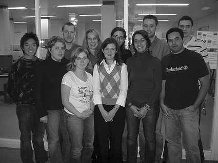 Jane Thomas-Oates and her research group, October 2005, L to R: Kenny Cheung, Emma Edwards, Simon Cubbon, Sally Robinson, JTO, Dr Sarah Robinson, Dr Barbara Pioselli, Carla Antonio, James Ault, João Rodrigues, David Sumpton (Dr Ed Bergström is missing).