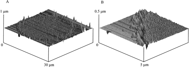 A: Optical image of the BDD microelectrode array after plating with palladium. The image size is 540 × 400 µm. B: AFM images of a single BDD electrode making up the array (picture A) while picture B shows the edge of the BDD microelectrode. The array was plated by depositing palladium metal at 0 V for 40 s in 0.17 mM PdCl2 in 1 M H2SO4.