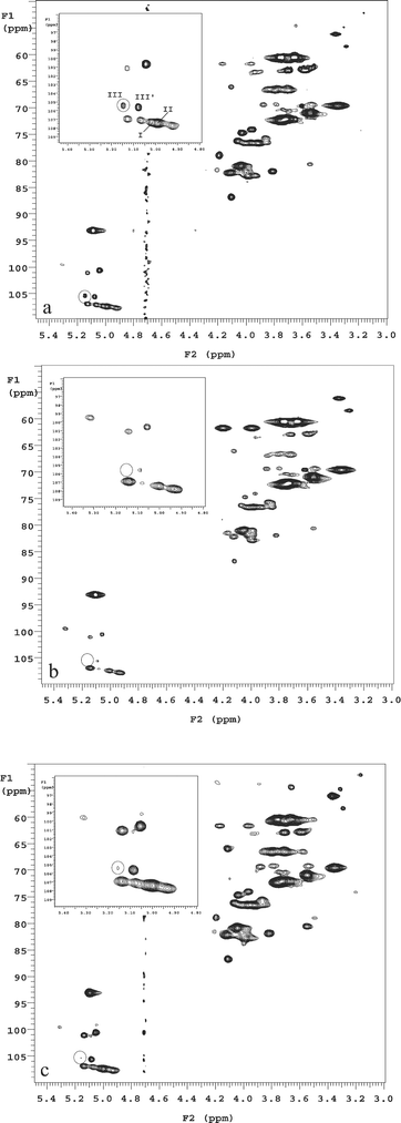 HRMAS 1H–13C HSQC NMR spectra of whole cell M. smegmatis (a) untreated control, (b) treated with 50 µg ml−1 EMB for 6 h, and (c) M. smegmatis ΔembB mutant. Circled regions denote the cross-peak from 2-α-Araf (III) residue in the cell wall. Roman numerals correspond to the arabinan residues: I, 3,5-α-Araf; II, 5-α-Araf; III, 2-α-Araf→3; III′, 2-α-Araf→5. Reproduced with permission from ref. 17.