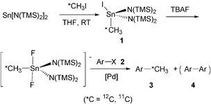 Methyl transfer reaction from stannane 1.