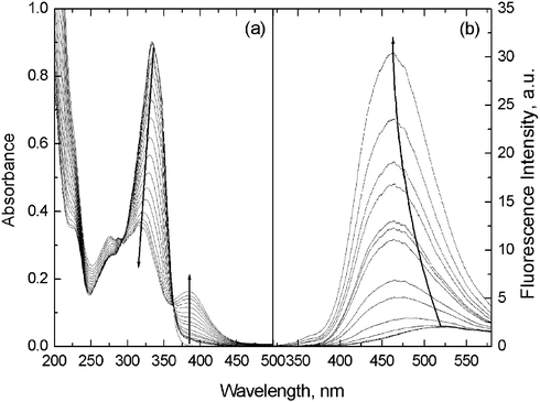 Absorption (a) and fluorescence (b) spectra of 1 (2.0 × 10−5 M) in ACN in the presence of increasing concentration of Cu2+ (0–6.0 × 10−5 M in (a) and 0–5.0 × 10−5 M in (b)). The excitation wavelength for acquiring fluorescence spectra was 293 nm, an isosbestic wavelength observed in the absorption spectral titration. Cu2+ and other metal ions were used as their perchlorate salts.