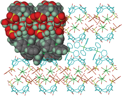 The extended structure of 1 showing the restriction of the coordination polymer within each layer of calixarenes and the inclusion of the phosphonium cations between these layers.