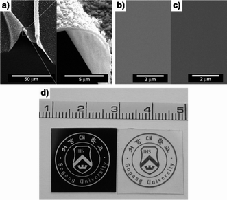 (a) SEM image of a PDI-networked film prepared by electro-treatment; (b) and (c) SEM images of spin-coated PDI-4Py film before and after light exposure. The exposure time was 1 hour. (d) Photographs of a transparent polyester film (left) with a negative mask printed on the back and a PDI-networked film (right) patterned on the front of the polyester film.