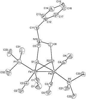 ORTEP view (ellipsoids at 50% probability level) of [Fe2(μ-SCH2N(CH2Ph)CH2S)(CO)4(PMe3)2] (1). Selected bond lengths (Å): Fe1–Fe2 2.5461(12), Fe1–S1 2.2663(18), Fe1–S2 2.2546(16), Fe2–S1 2.2560(17), Fe2–S2 2.2465(16), Fe1–P1 2.2174(18), Fe2–P2 2.2255(18), Fe1–C1 1.724(9), Fe1–C2 1.766(6), Fe2–C3 1.767(9), Fe2–C4 1.774(7).