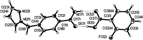 A dimeric supermolecule in the 1 ∶ 1 binary co-crystal of 4 (50% probability level) generated through a heteromeric acid⋯amide synthon.