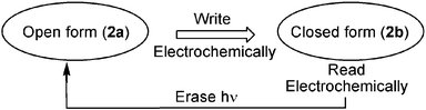 ‘Write–Read–Erase’ photo-electrochemical system based on the electrocyclization of (2a) and opening of (2b).
