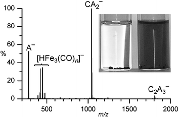 Negative-ion ESI-MS of [NEt3H][HFe3(CO)11] in hexane/1 (n = 8–11). Inset: while the compound is hexane-insoluble (left), it dissolves readily when 10−4 mol L−1 of 1 is added (right).