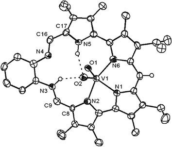 View of the dioxovanadium complex 2 showing a partial atom labeling scheme. Displacement ellipsoids are scaled to the 50% probability level. Most hydrogen atoms have been removed for clarity. A primary carbon on one of the ethyl groups is disordered about two orientations as shown.