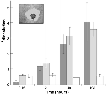 Measurement of the silica-gel dissolution index. The insert correspond to an image of C. fusiformis after 8 days of entrapment, and illustrates the measured surfaces of the cavity and of the cells. Idissolution is reported as a function of time. Light grey, C. fusiformis (n = 4); dark grey, P. tricornutum (n = 3); and white, Nannochloropsis salina (n = 2). In each experiment from 4 to 25 surface measurements were performed. Error bars indicate s.d.