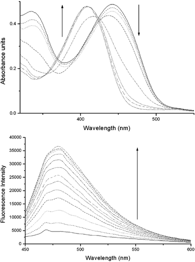 (Top) UV-Vis absorption spectra of 2a on addition of aliquots of DFP into a 2.5 × 10−5 mol dm−3 DMSO solution with 2 equivalent of P4 base. (Bottom) Fluorescence spectra of 2a 0.5 × 10−6 mol dm−3 in DMSO (excitation 410 nm) as a function of added DFP.