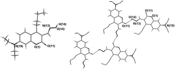 The crystal structure of 2a
					(molecule A) and view illustrating a portion of the H-bonding array observed for molecule 2a. Most hydrogen atoms have been removed for clarity. Dashed lines are indicative of H-bonding interactions. The geometries of these interactions are: O14–H14⋯O11 (related by x, 3/2 −
					y, ½
					+
					z); O⋯O 2.673(4)
					Å, H⋯O 1.73(6)
					Å, O–H⋯O 170(6)°.