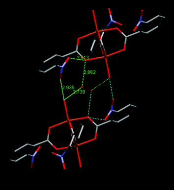 Hydrogen bonding in the hydrate of 1 (ref. 4). Two ligand rings and hydrogens have been omitted for clarity. See text for discussion.