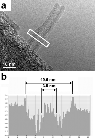 a) TEM image of a hollow akaganéíte particle protruding over the edge of a hole in the carbon film. b) An intensity profile measured across the region of the white rectangle, showing the relative diameter of the particle and its hollow cavity.