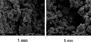 SEM images of samples prepared by grinding for 1 minute or for 5 minutes. The images were obtained after a standing time of one week.